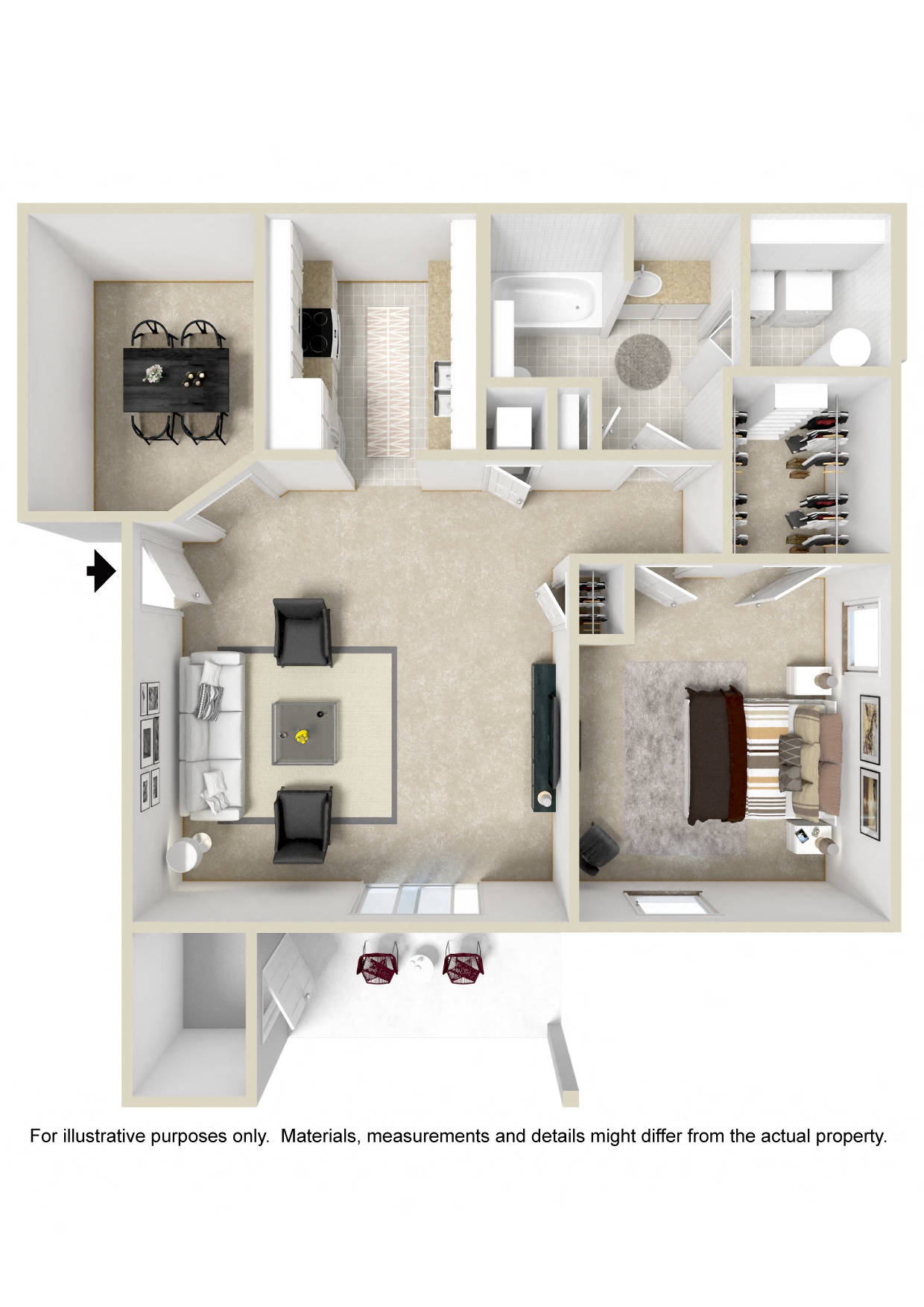Floor plan for 1 bed, 1 bath, 845 sqft